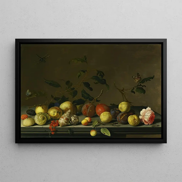 Fruit and Shellfish Still Life with a Rose and Various Insects on a Stone Cornice - Balthasar van der Ast — framed artwork on a wall