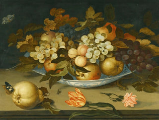Nature morte with a Delft bowl containing fruits on a ledge with flowers, insects, and a lizard - Balthasar van der Ast — artwork view