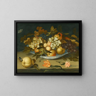 Nature morte with a Delft bowl containing fruits on a ledge with flowers, insects, and a lizard - Balthasar van der Ast — framed artwork on a wall