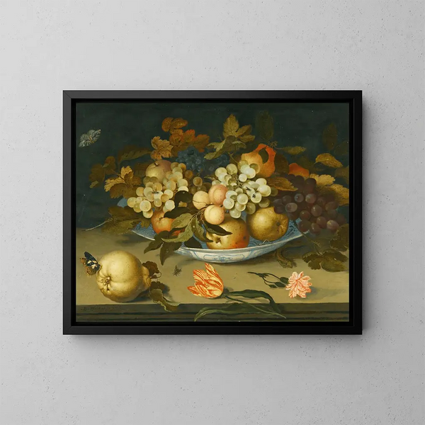Nature morte with a Delft bowl containing fruits on a ledge with flowers, insects, and a lizard - Balthasar van der Ast — framed artwork on a wall
