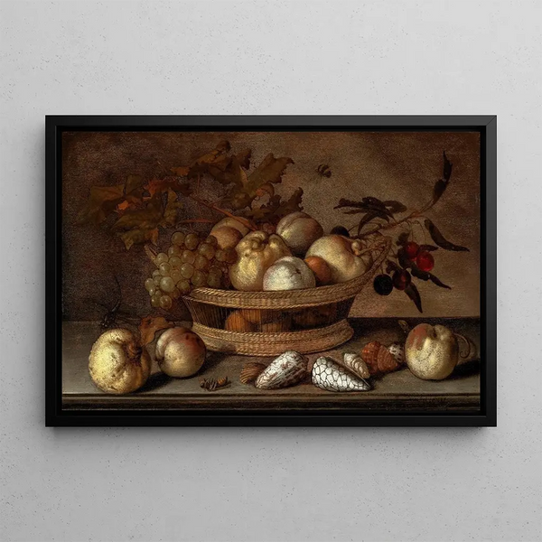 a basket with cherries, apples, peaches, and a bunch of grapes surrounded by apples, peaches, shells, bees, and a dragonfly - Balthasar van der Ast — framed artwork on a wall