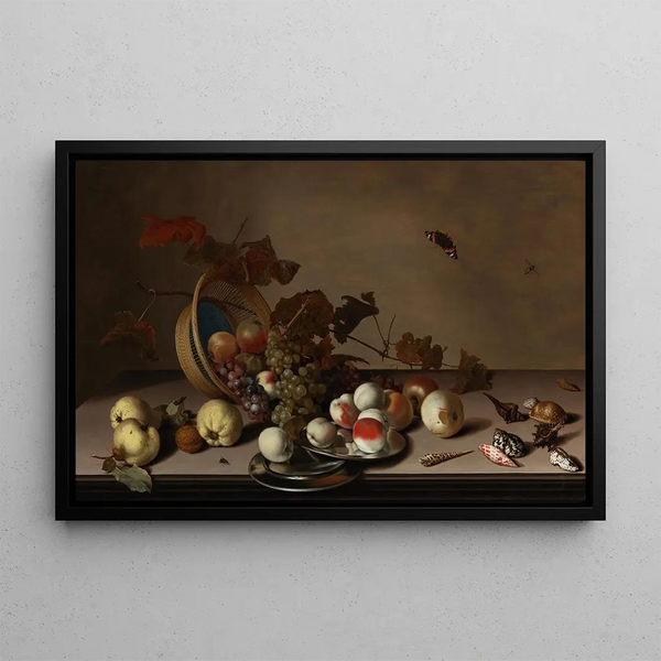 Fruit Still Life Painting with a Wicker Basket, Shells, and a Butterfly - Balthasar van der Ast — framed artwork on a wall