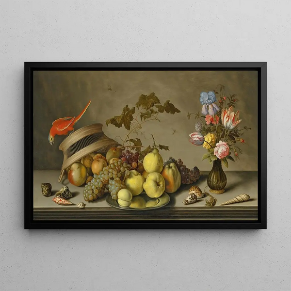 a parakeet on an overturned basket with fruits, a pewter plate, and shells on a stone ledge - Balthasar van der Ast — framed artwork on a wall