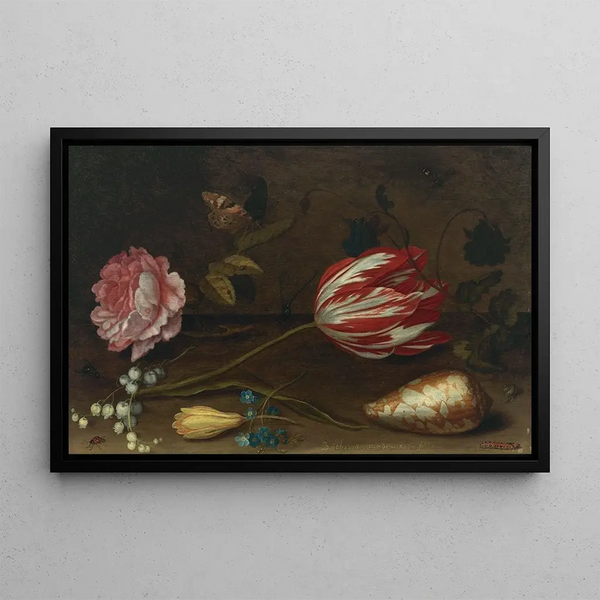 a Rose, a Tulip, insects, and a shell on a ledge - Balthasar van der Ast — framed artwork on a wall