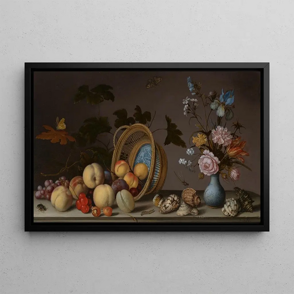 Still life with flowers in a porcelain vase, shells, and an overturned fruit basket - Balthasar van der Ast — framed artwork on a wall