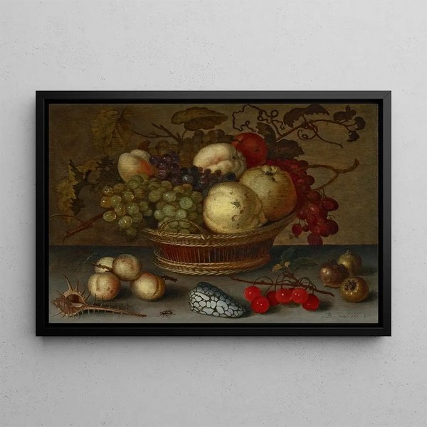 Fruit and shellfish basket with apples and grapes on a stone ledge - Balthasar van der Ast — framed artwork on a wall