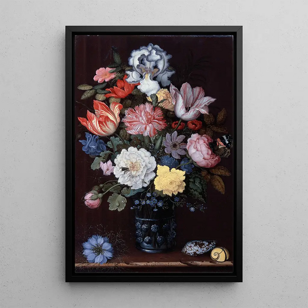 Floral still life with shells - Balthasar van der Ast — framed artwork on a wall