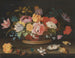 Flowers in a wicker basket on a table - Balthasar van der Ast — artwork view