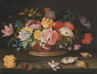 Flowers in a wicker basket on a table - Balthasar van der Ast — artwork view