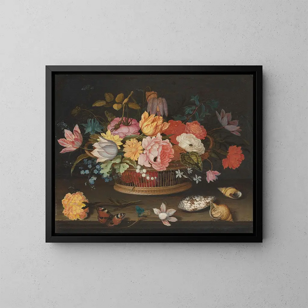 Flowers in a wicker basket on a table - Balthasar van der Ast — framed artwork on a wall