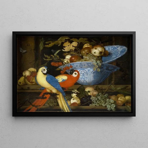 a Fruit Still Life with Two Parrots - Balthasar van der Ast — framed artwork on a wall