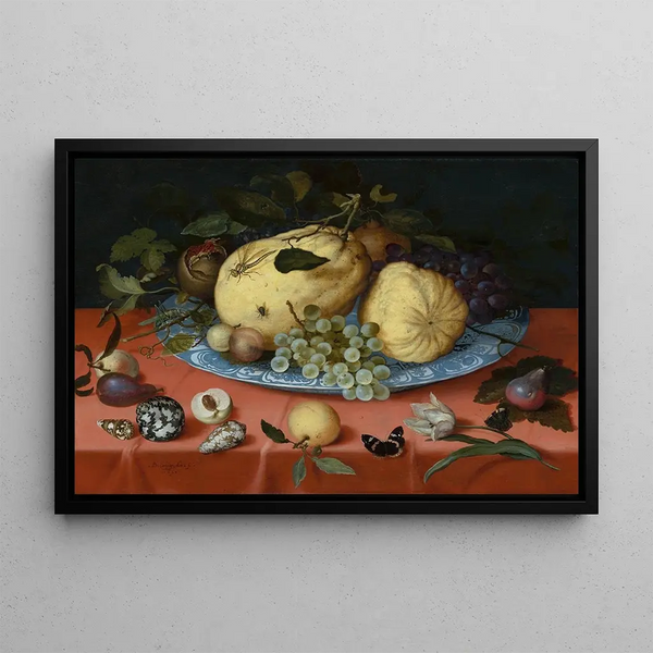 Still life of fruits with shells and tulip - Balthasar van der Ast — framed artwork on a wall