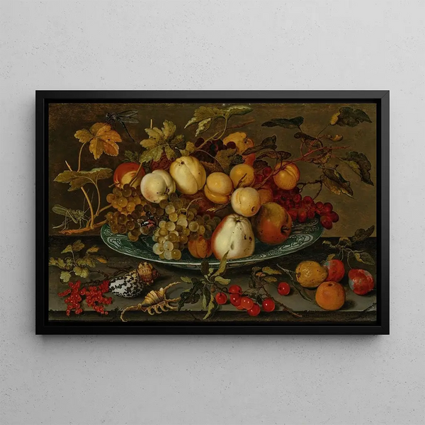 Raisins, peaches, apples, and plums in a Wanli bowl on a ledge with shells, a grasshopper, and other fruits - Balthasar van der Ast — framed artwork on a wall