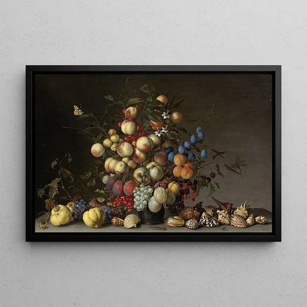 Peaches, plums, oranges, apples, cherries, grapes, red currants, black currants, wild apples, and other fruits in a pewter vase - Balthasar van der Ast — framed artwork on a wall