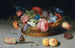 Roses, tulips, irises, and other flowers in a wicker basket with fruits and insects on a ledge - Balthasar van der Ast — artwork view