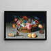 Roses, tulips, irises, and other flowers in a wicker basket with fruits and insects on a ledge - Balthasar van der Ast — framed artwork on a wall
