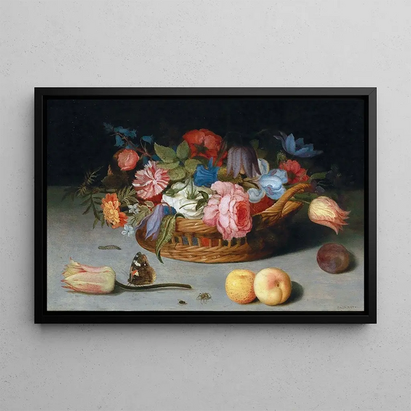 Roses, tulips, irises, and other flowers in a wicker basket with fruits and insects on a ledge - Balthasar van der Ast — framed artwork on a wall
