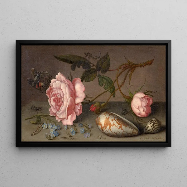 Roses coquillages et insectes sur une table - Balthasar van der Ast — framed artwork on a wall