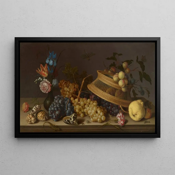 Flower, fruit, shell, and insect still life painting - Balthasar van der Ast — framed artwork on a wall