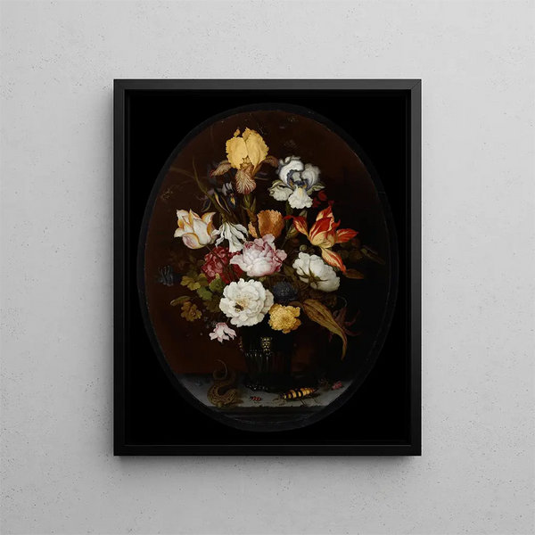 a flower still life in a glass vase - Balthasar van der Ast — framed artwork on a wall