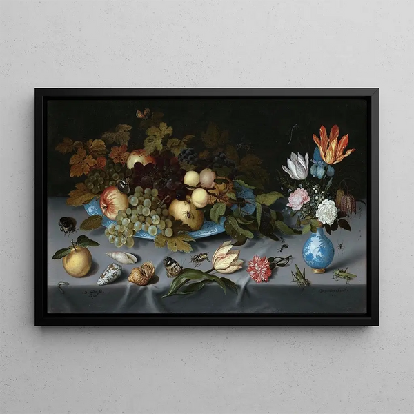 Still Life with Fruits and Flowers - Balthasar van der Ast — framed artwork on a wall