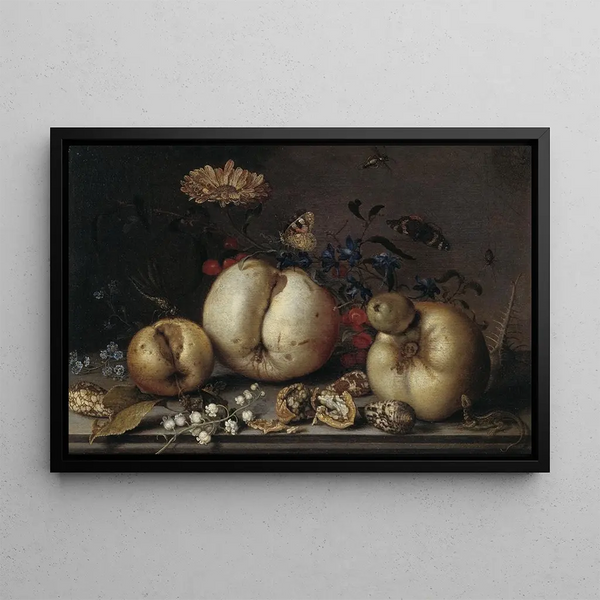 Still life with fruits and shells - Balthasar van der Ast — framed artwork on a wall