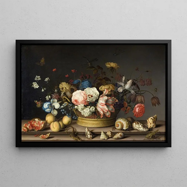 Still life with a basket of flowers - Balthasar van der Ast — framed artwork on a wall