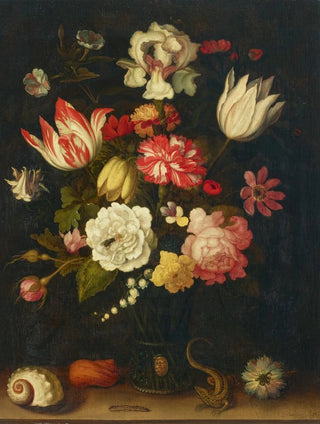 Tulips, carnations, roses and other flowers in a römer with shells and a lizard on a ledge - Balthasar van der Ast — artwork view
