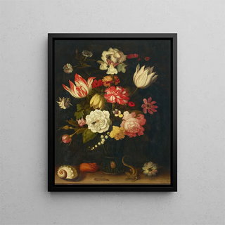Tulips, carnations, roses and other flowers in a römer with shells and a lizard on a ledge - Balthasar van der Ast — framed artwork on a wall
