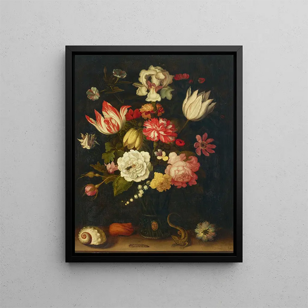 Tulips, carnations, roses and other flowers in a römer with shells and a lizard on a ledge - Balthasar van der Ast — framed artwork on a wall