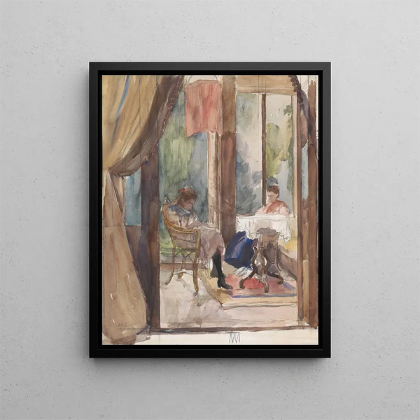 a lady and a young girl reading together in the veranda of the house located at 6 Riouwstraat in The Hague - Barbara Elisabeth van Houten — framed artwork on a wall