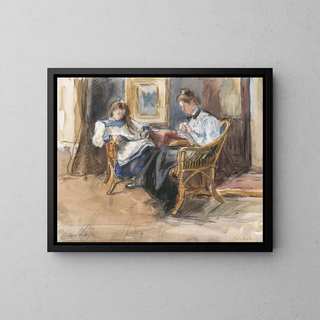 Dame working and girl reading in wicker chairs in the house at Riouwstraat 6 in The Hague - Barbara Elisabeth van Houten — framed artwork on a wall