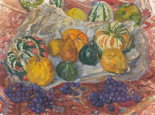 Pumpkin and Grape Still Life Painting on a Tapestry - Barbara Elisabeth van Houten — artwork view