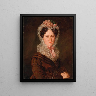 Portrait of a woman with a mafia cap - Barbara Krafft — framed artwork on a wall