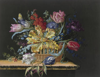 a Flower Basket with Tulips, Delphiniums, and Other Flowers on a Table - Barbara Regina Dietzsch — artwork view