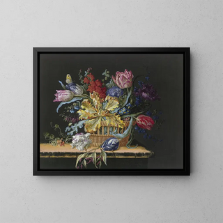 a Flower Basket with Tulips, Delphiniums, and Other Flowers on a Table - Barbara Regina Dietzsch — framed artwork on a wall