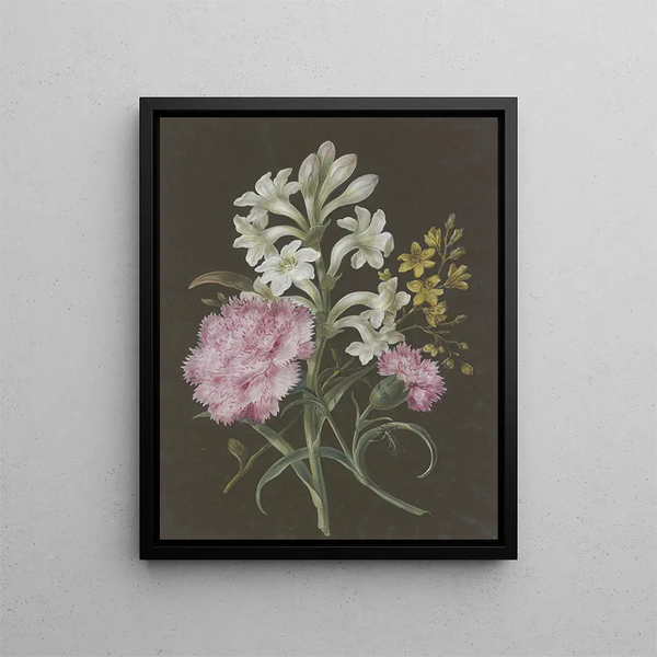 Arrangement of tuberose, polyanthes, pink carnations, dianthus, and yellow flowers with a bow tie - Barbara Regina Dietzsch — framed artwork on a wall