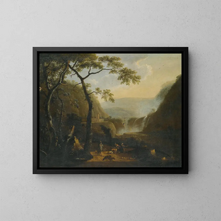 a landscape with hunters near a waterfall - Barend Appelman — framed artwork on a wall