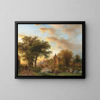 a river landscape in Holland at sunset - Barend Cornelis Koekkoek — framed artwork on a wall