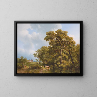 Summer landscape with cows watering a distant castle - Barend Cornelis Koekkoek — framed artwork on a wall