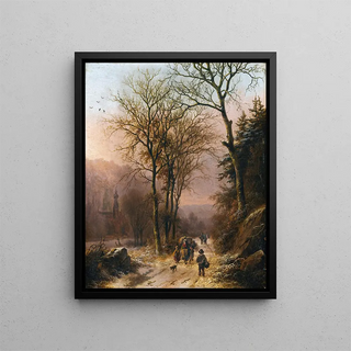 Characters on a winter road - Barend Cornelis Koekkoek — framed artwork on a wall