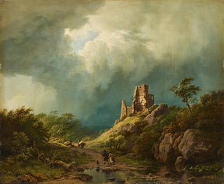 Voyageurs passant devant un château en ruines dans un paysage orageux - Barend Cornelis Koekkoek — artwork view