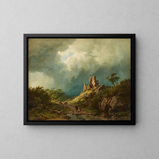Voyageurs passant devant un château en ruines dans un paysage orageux - Barend Cornelis Koekkoek — framed artwork on a wall
