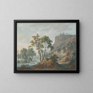 River landscape painting with castles and fishermen - Baron Louis Albert Guillain Bacler d'Albe — framed artwork on a wall