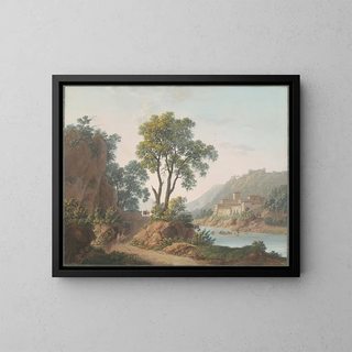 River landscape painting with castles and travelers - Baron Louis Albert Guillain Bacler d'Albe — framed artwork on a wall