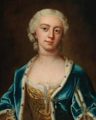 Portrait painting of Augusta, Princess of Wales, wearing pearls and a blue cape lined with ermine - Barthélemy du Pan — artwork view
