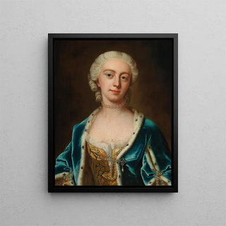 Portrait painting of Augusta, Princess of Wales, wearing pearls and a blue cape lined with ermine - Barthélemy du Pan — framed artwork on a wall