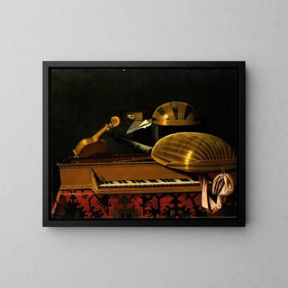 Still life with musical instruments and books - Bartolomeo Bettera — framed artwork on a wall