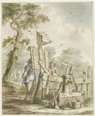 Landscape painting with two men near a billboard at a water pump - Bartholomeus Barbiers — artwork view