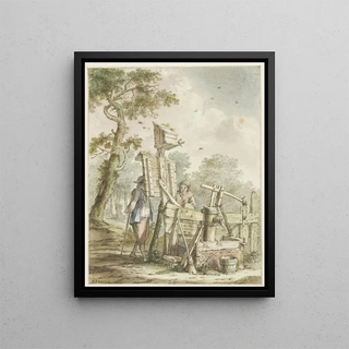 Landscape painting with two men near a billboard at a water pump - Bartholomeus Barbiers — framed artwork on a wall